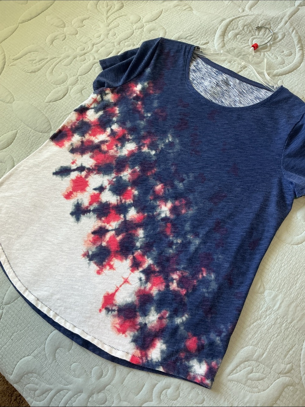 Sonoma Navy Blue Short Sleeve Tee with Red and White Tie-Dye Accents on Front